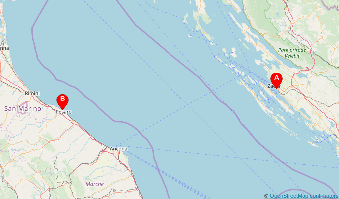 Map of ferry route between Zadar and Pesaro